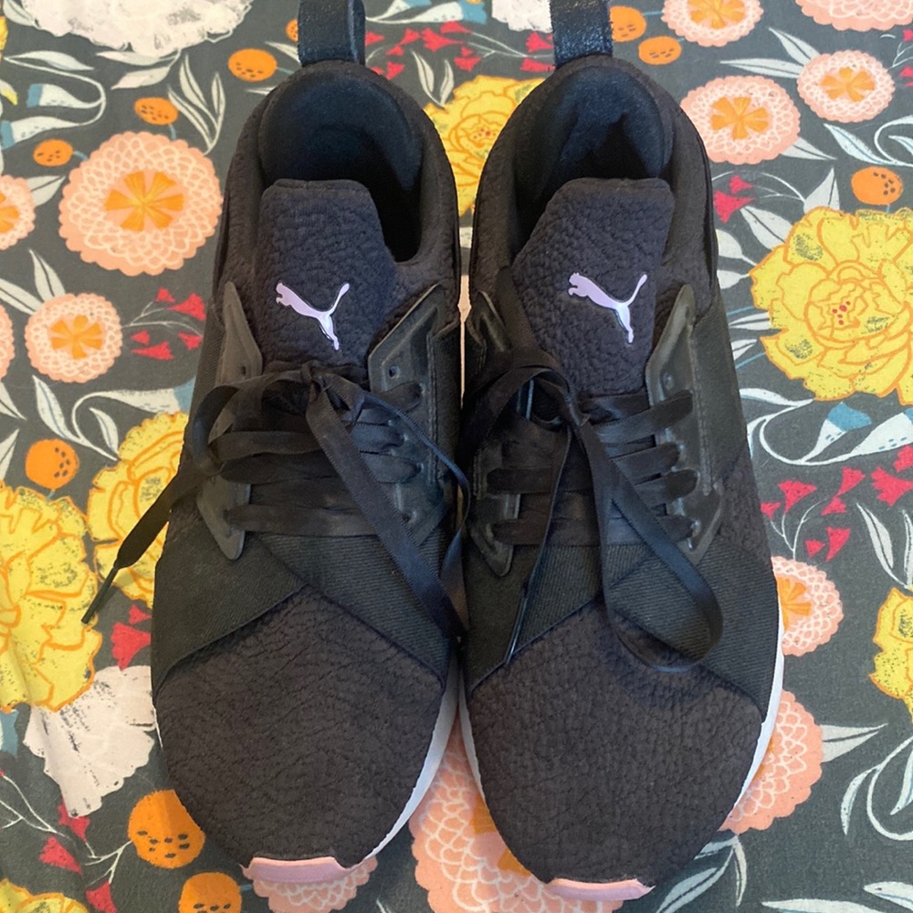 Puma black and pink running shoes